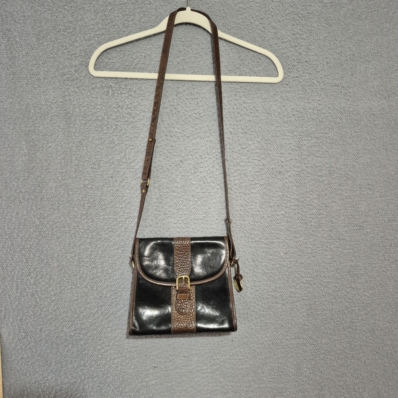 Vtg Brahmin Two-toned Black and Brown Leather Crossbody Bag Croc Embossed - Picture 12 of 13